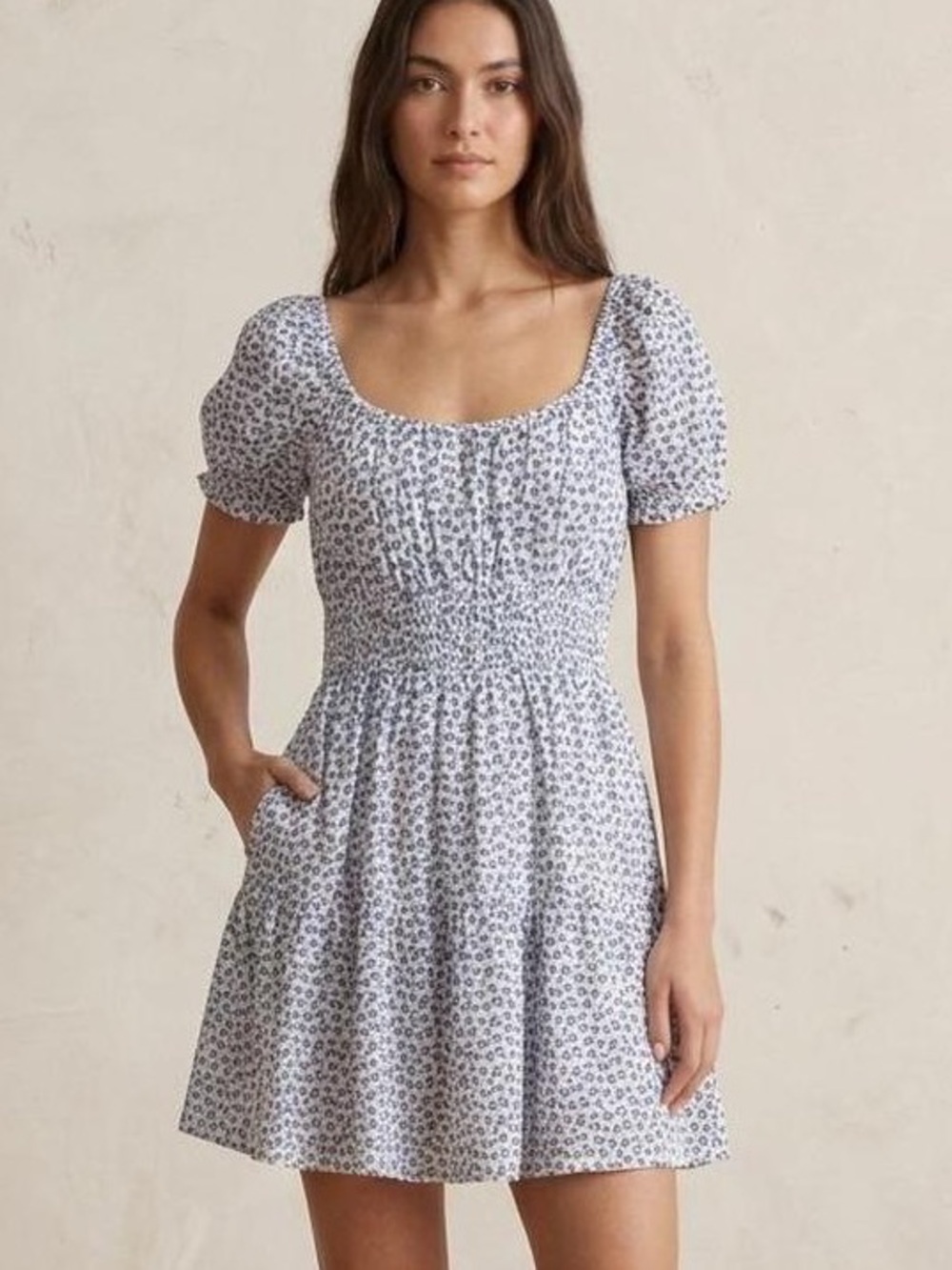 Hollister Blue Floral Smocked Puff Sleeve Romper (with pockets!)